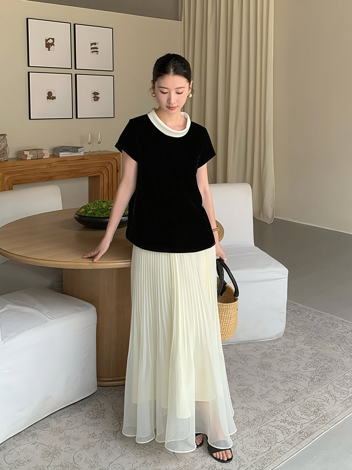 【tops】ベルベット半袖配色トップス Q8752