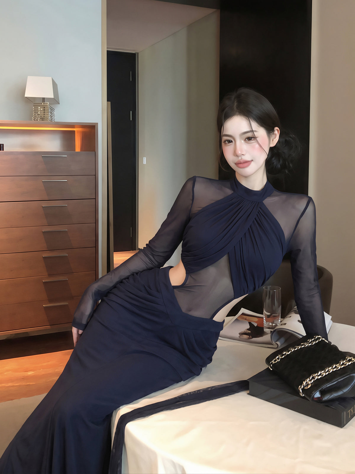 【dress】チュールドッキングウエストカットロングワンピース Q8831