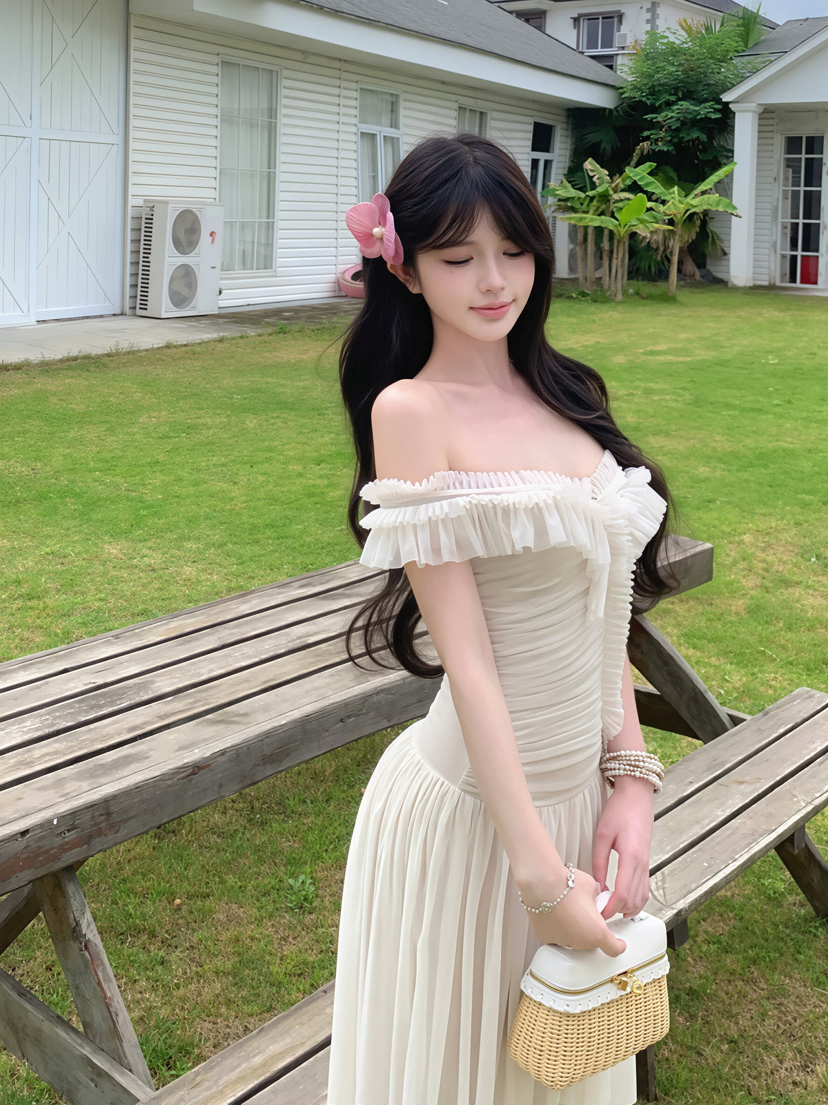 【dress】オフショルダーシアーチュールロングワンピース Q8850