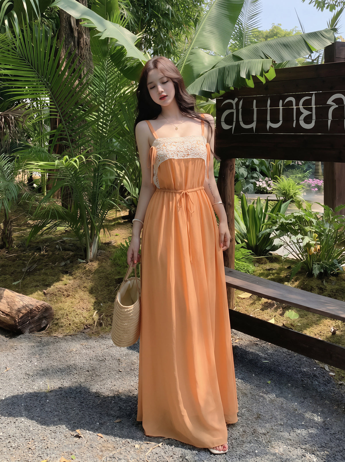 【dress】レースドッキングシフォンロングキャミワンピース Q8781