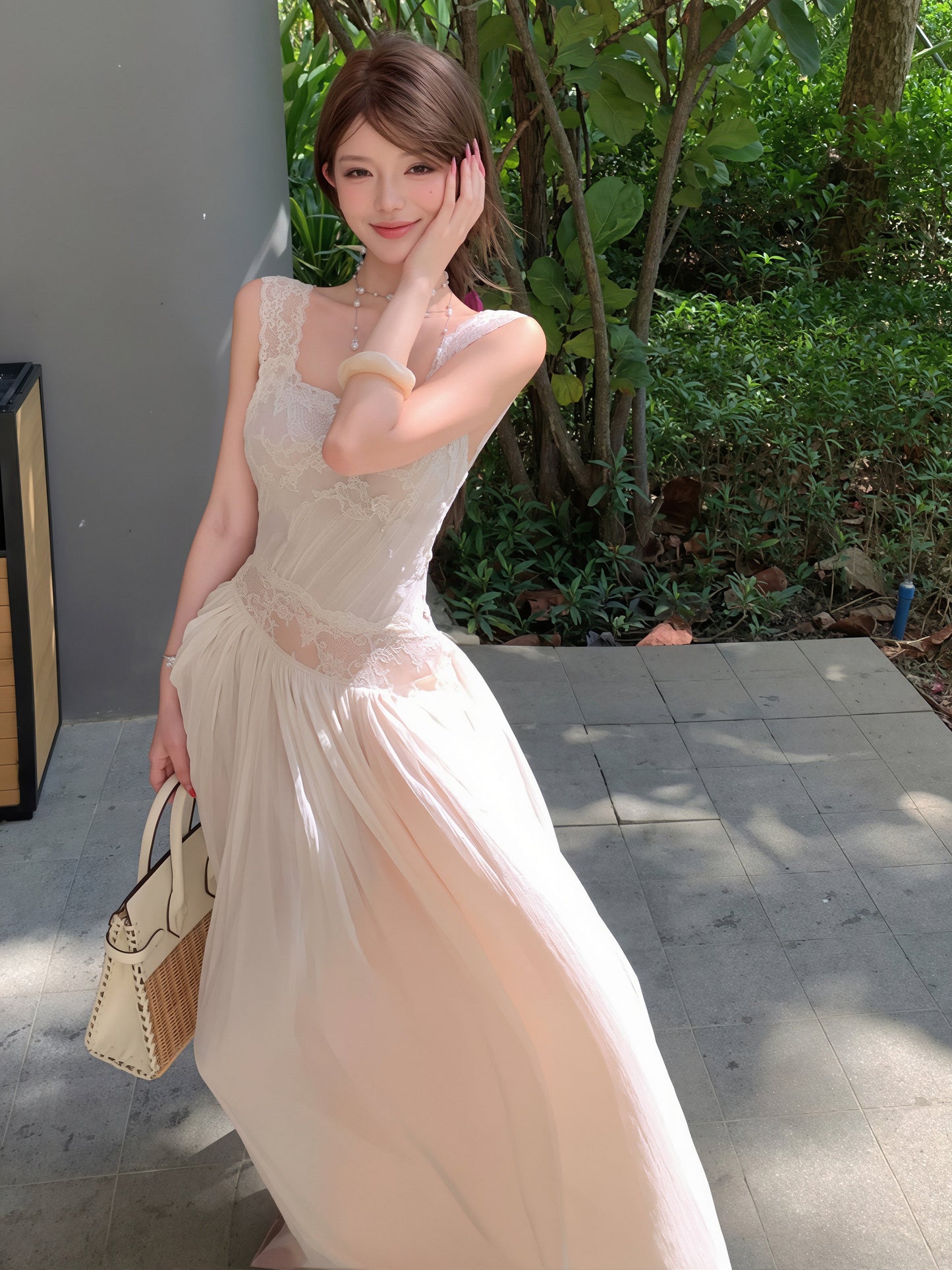 【dress】レースドッキングチュールロングワンピース Q8854