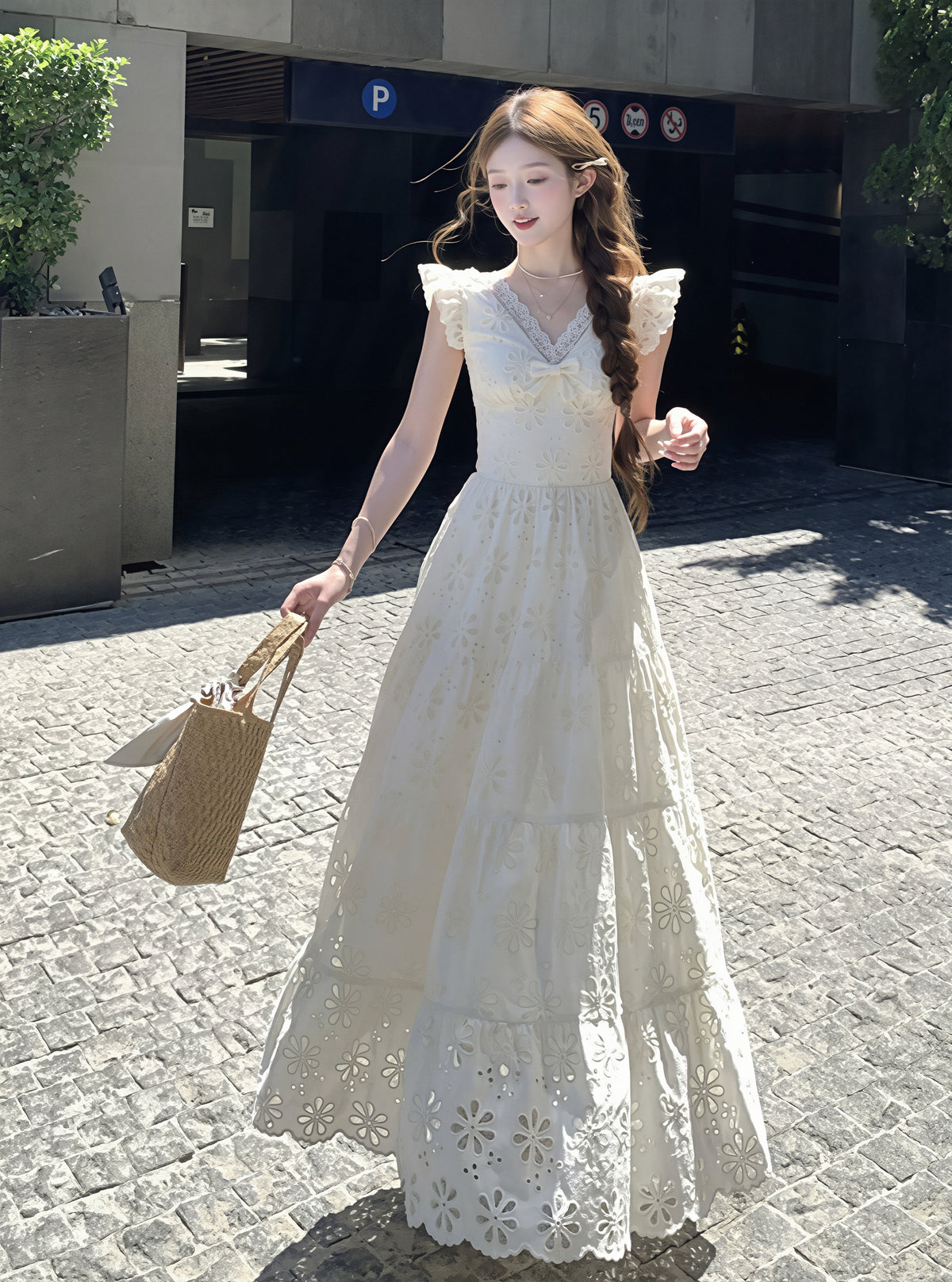 【dress】フラッタースリーブロングレースワンピース Q8819