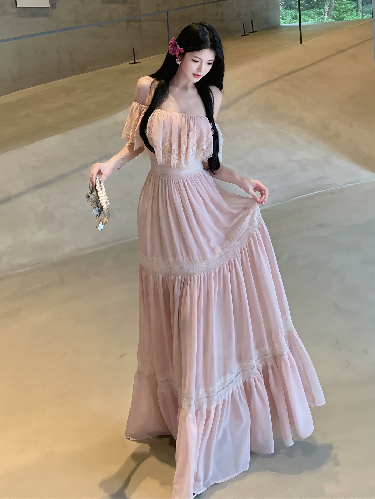 【dress】レースドッキングロングワンピース Q8717