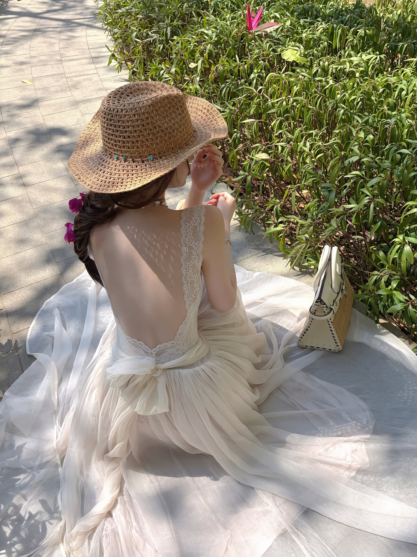 【dress】レースドッキングチュールロングワンピース Q8854