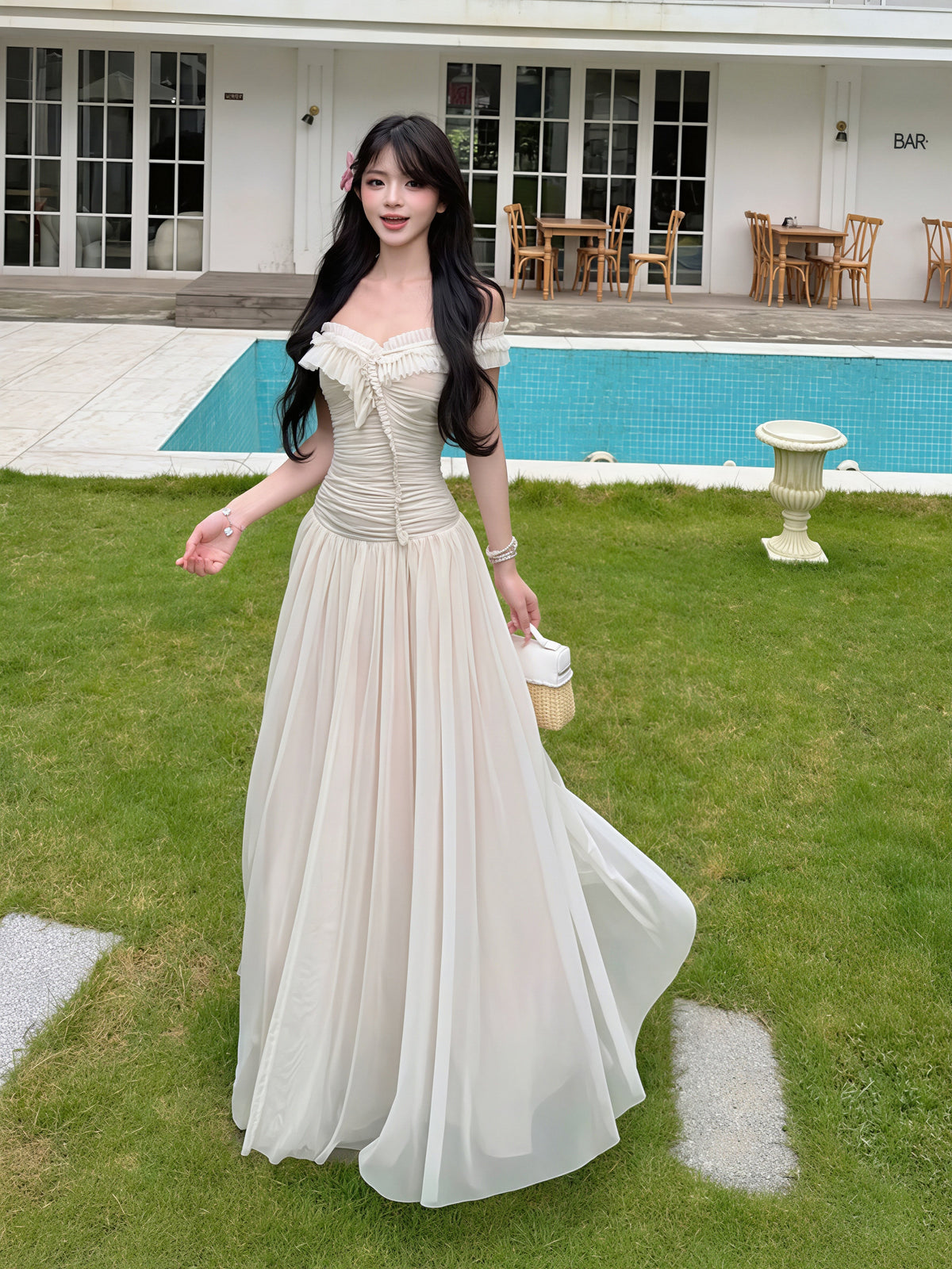 【dress】オフショルダーシアーチュールロングワンピース Q8850