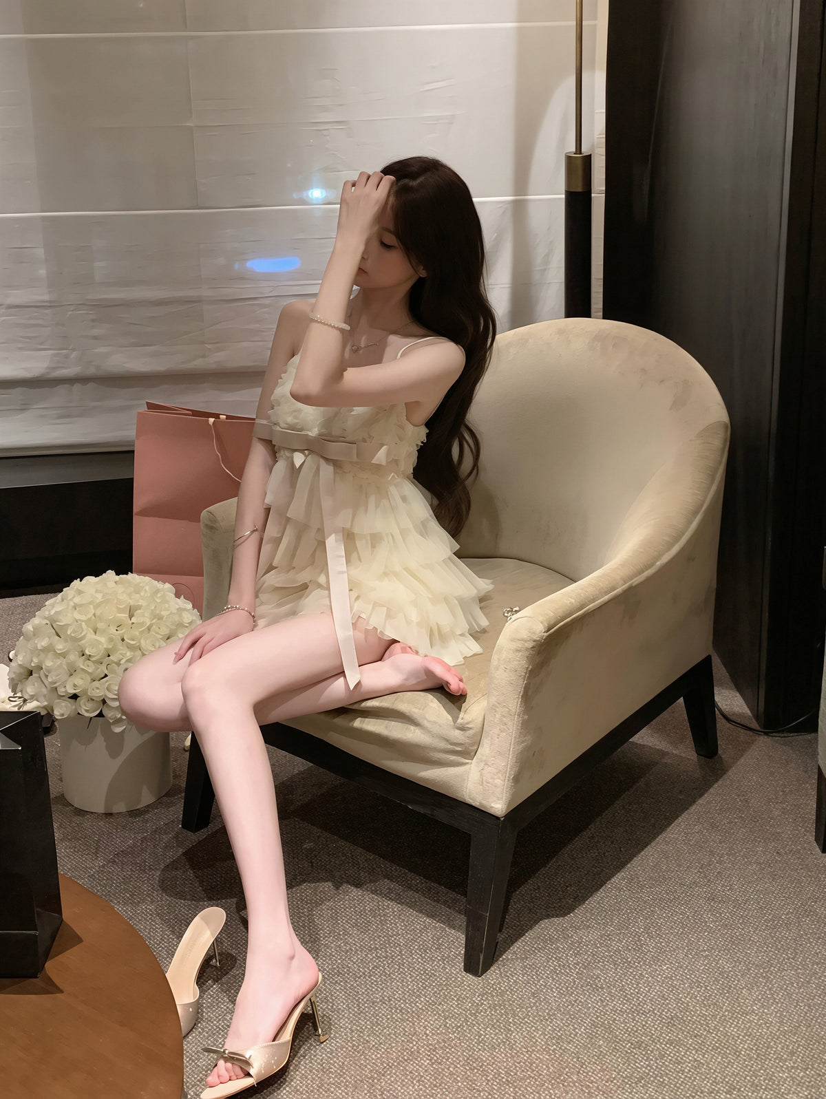 【dress】リボン付きティアードキャミワンピース Q8879