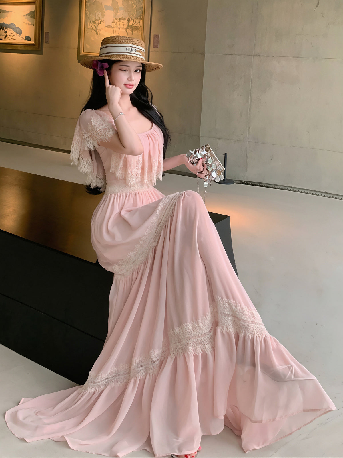 【dress】レースドッキングロングワンピース Q8717