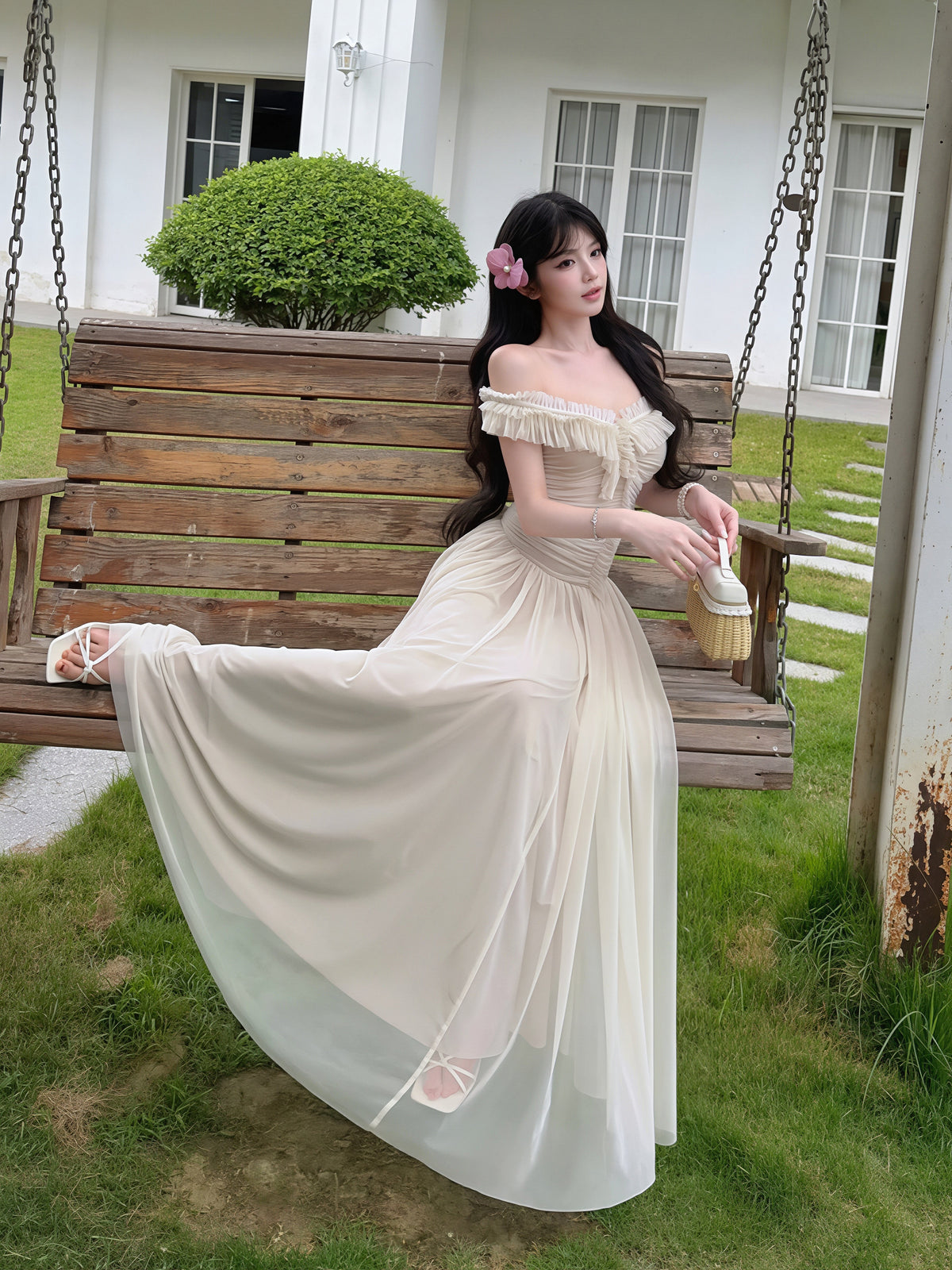 【dress】オフショルダーシアーチュールロングワンピース Q8850