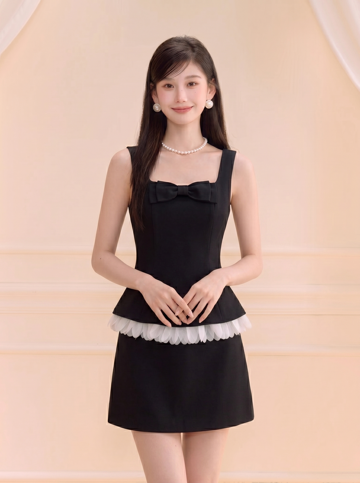 【set】バックリボンフリルドッキングトップス×ミニスカートセット   N3704