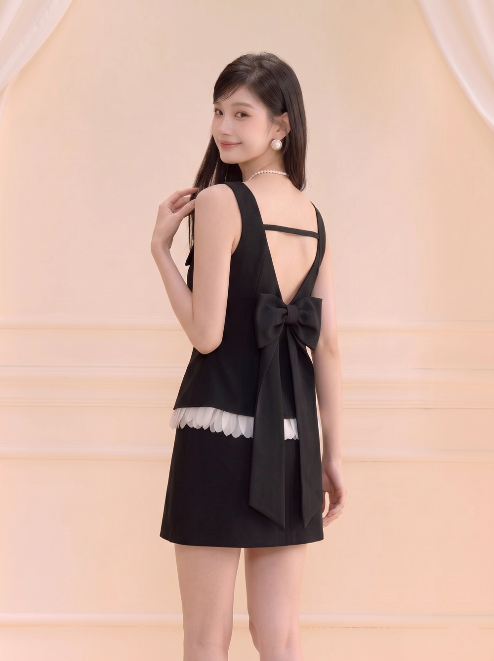 【set】バックリボンフリルドッキングトップス×ミニスカートセット   N3704