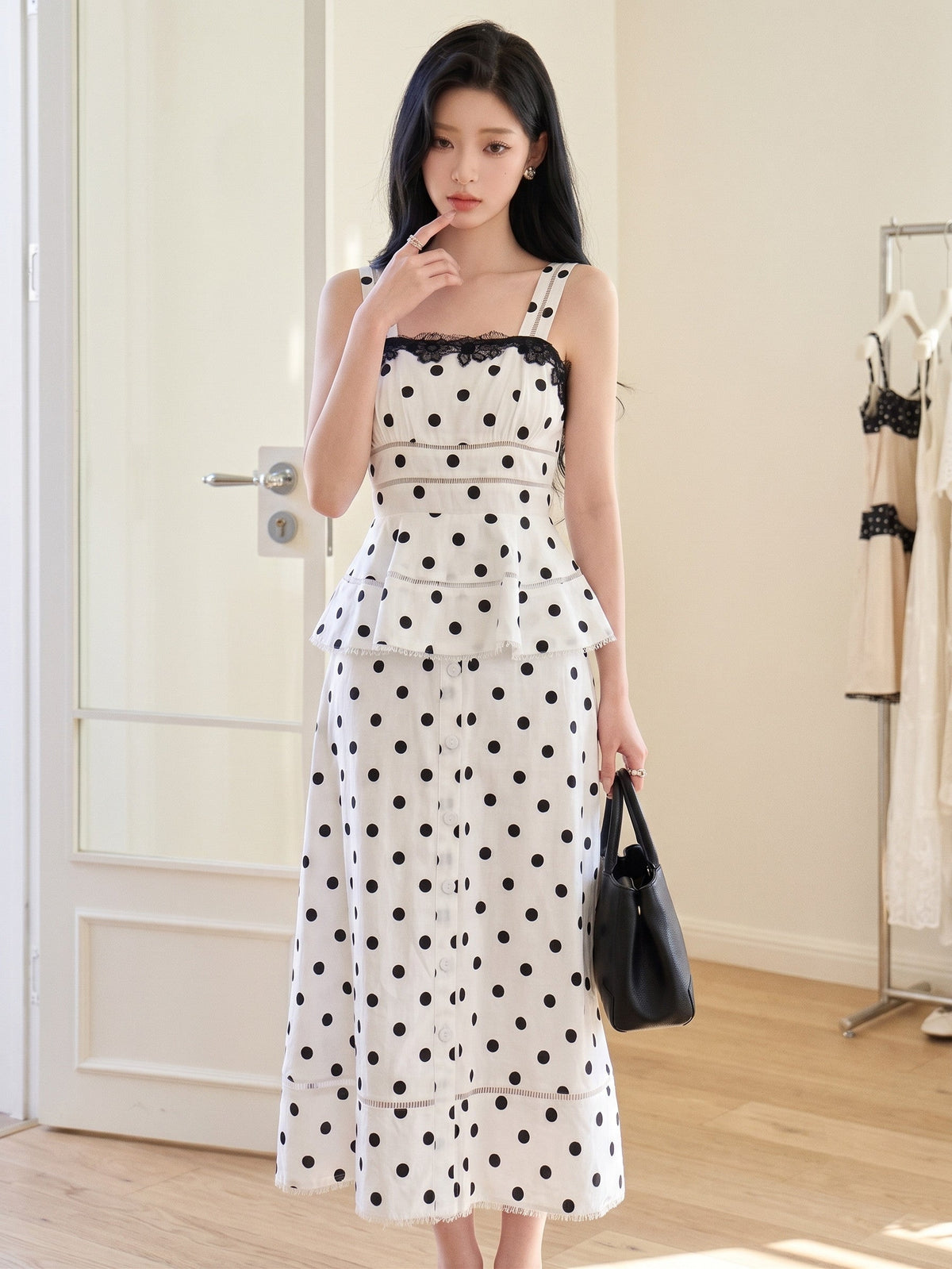 【dress】ペプラムドットロングワンピース   N3771