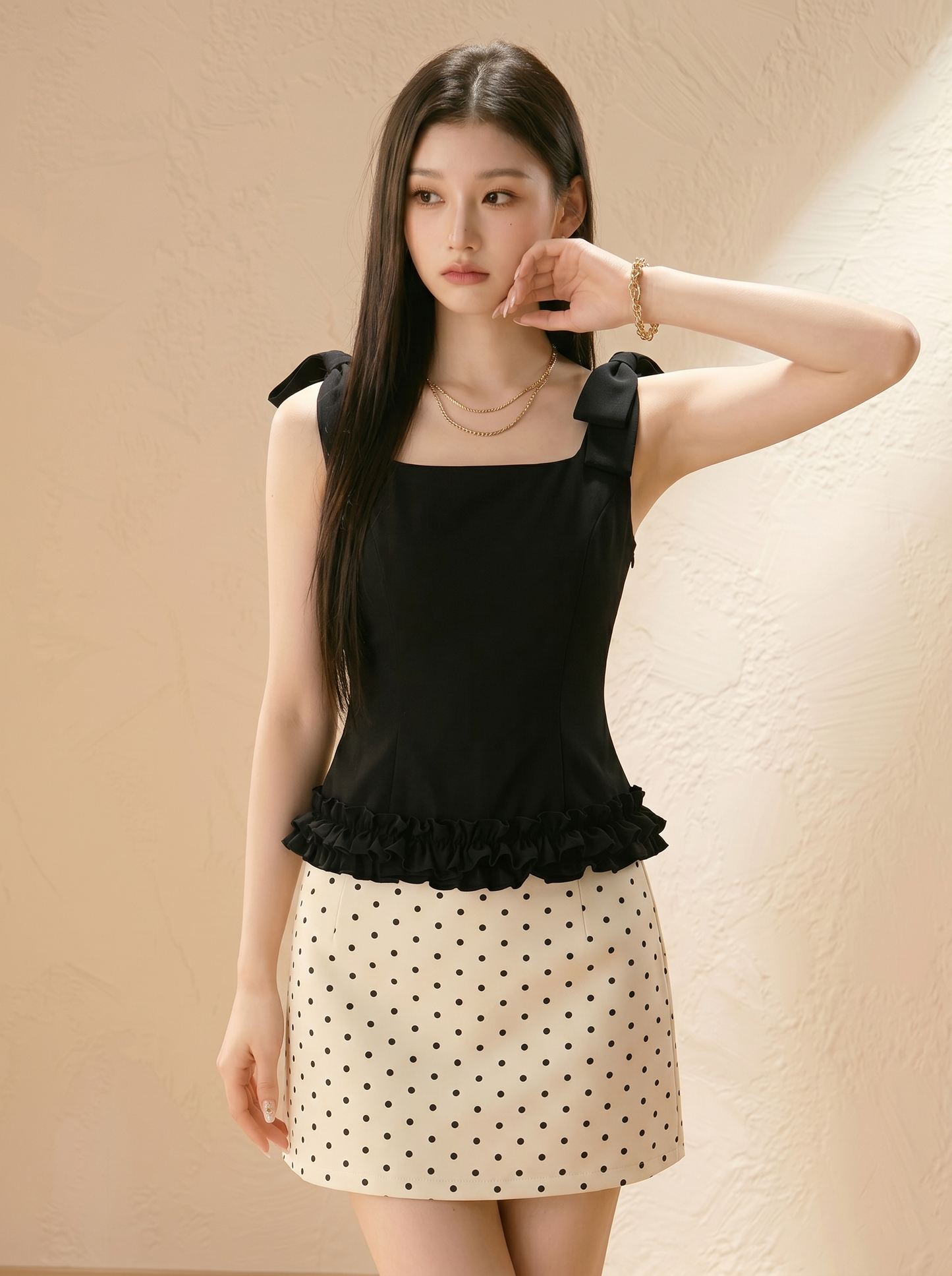 【set】ショルダーリボンフリルトップス×ドットスカートセット   N3708