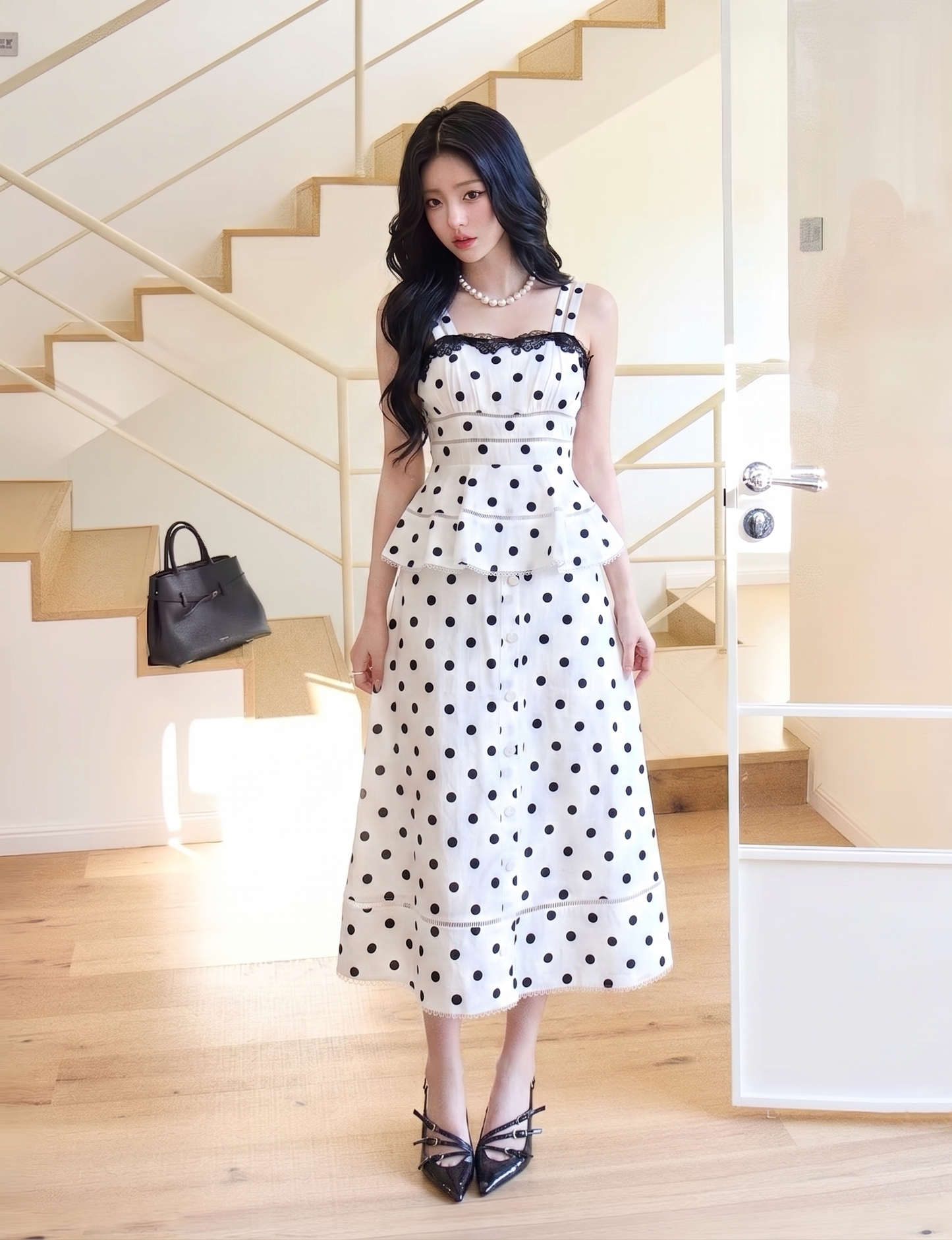 【dress】ペプラムドットロングワンピース   N3771
