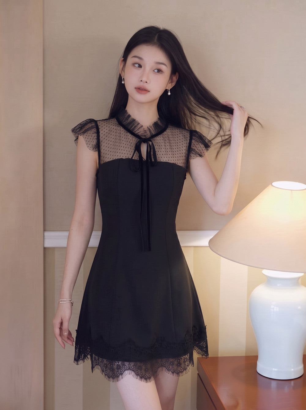 【dress】レースドッキングミニワンピース Q8709