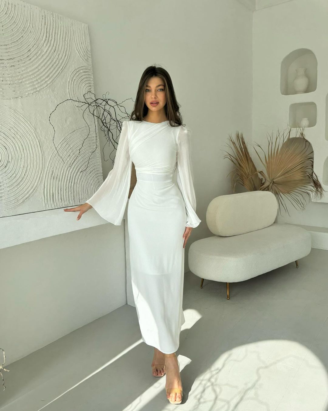 【dress】長袖ウェスト絞りロング丈ワンピースF8003