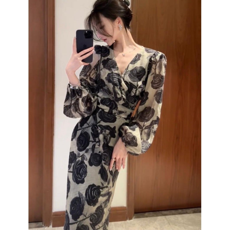 【dress】フランス風プリントVネックデートワンピースG23637