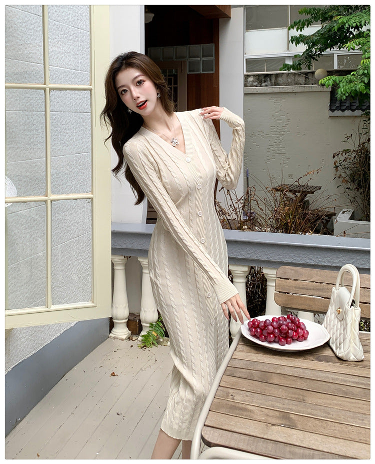 【dress】フランス風VネックニットワンピースG22956