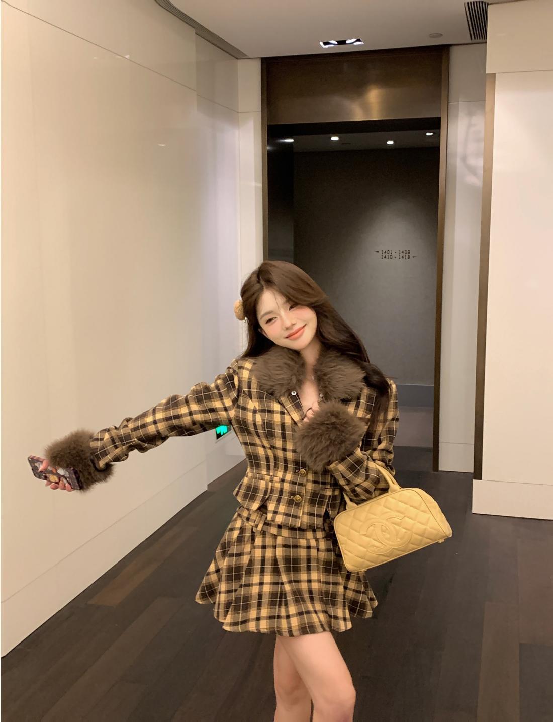 【set】ファーコート+キュロットスカート２点セットF8282