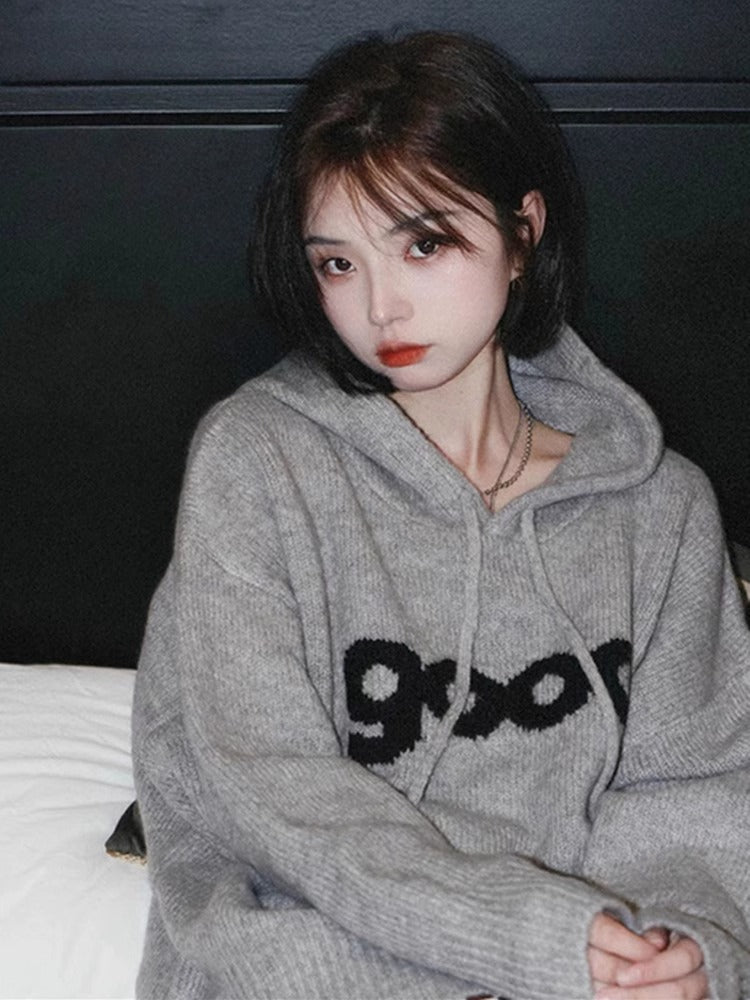 【tops】フード付き長袖ニットセーターF8216