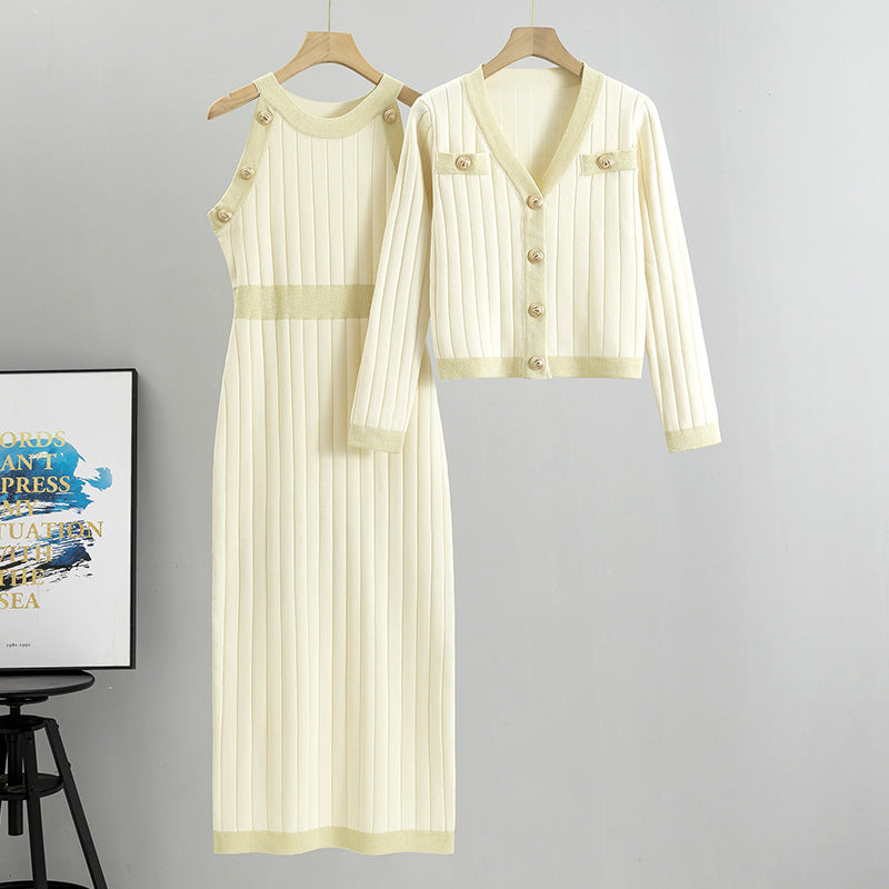 【set】長袖カーディガン＋ワンピースニットセットアップF7950
