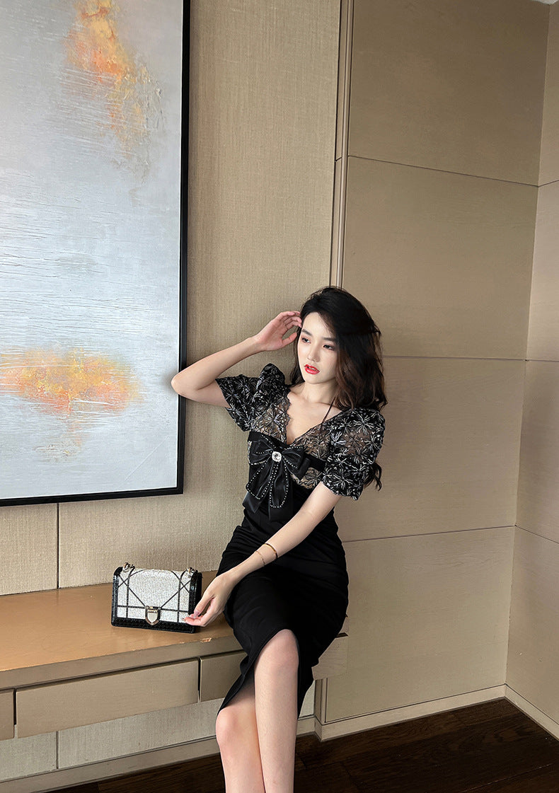 【dress】リボンレース切り替えタイトワンピースG21683