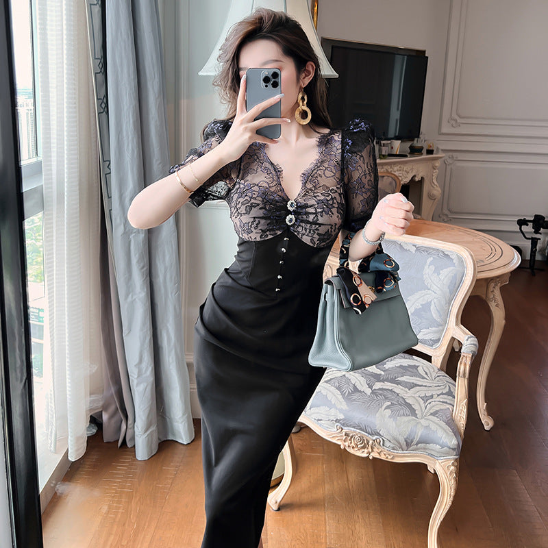 【dress】パフスリーブレース切り替えワンピースG21678