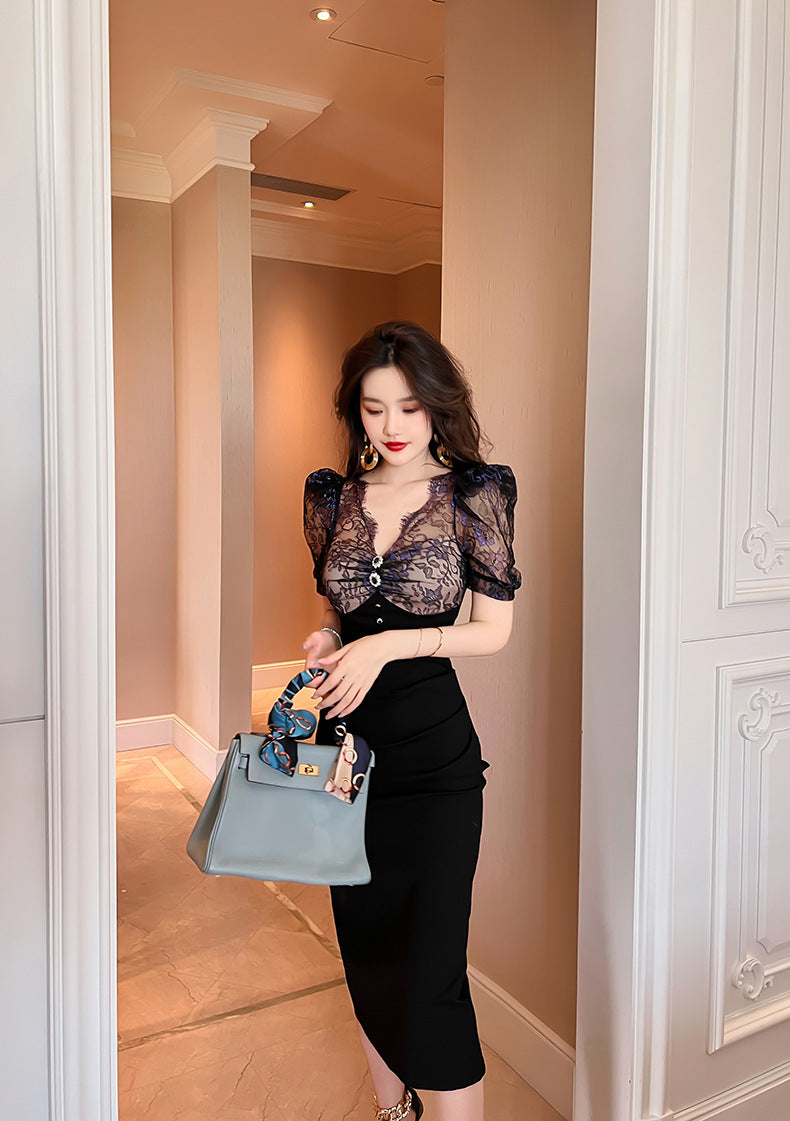 【dress】パフスリーブレース切り替えワンピースG21678