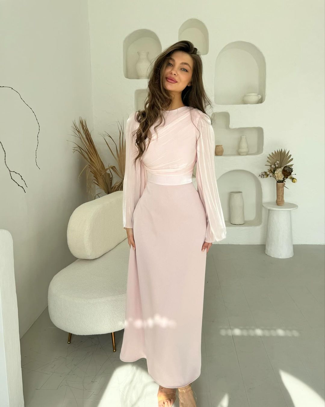 【dress】長袖ウェスト絞りロング丈ワンピースF8003