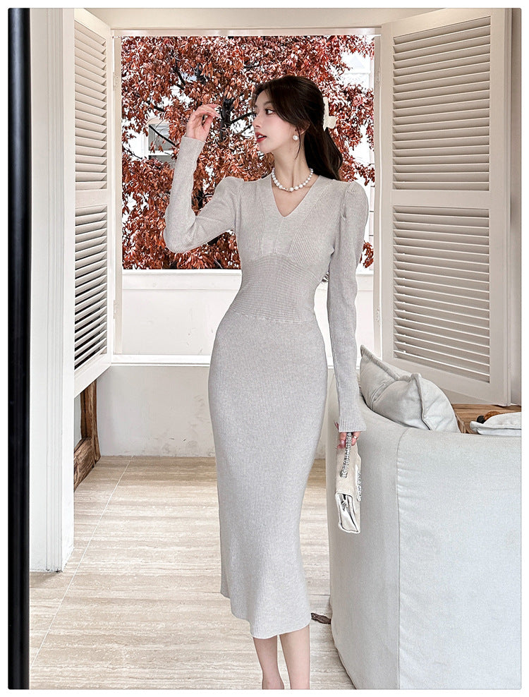 【dress】Vネック長袖ニットワンピースG23290