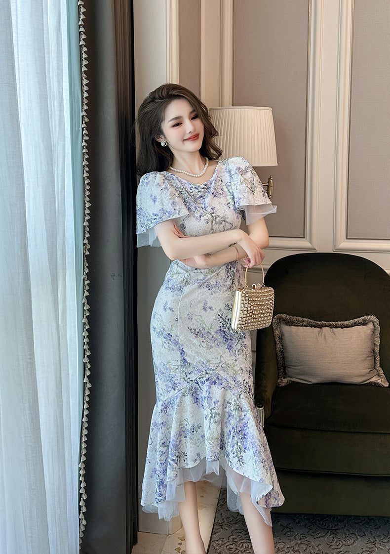 【dress】パフスリーブプリントマーメイドデートワンピースG21682