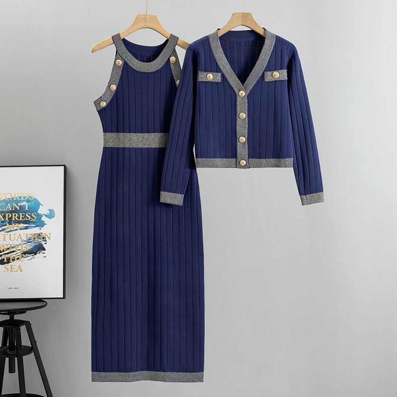 【set】長袖カーディガン＋ワンピースニットセットアップF7950