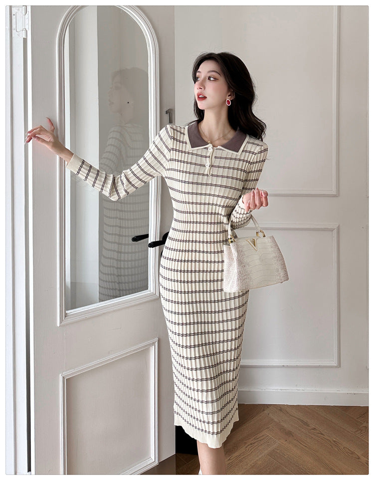 【dress】POLOネック長袖タイトニットワンピースG23291