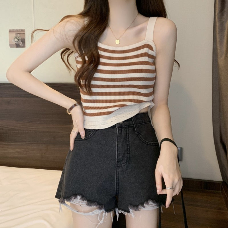 【tops】ボーダー柄ニットキャミソールF7587