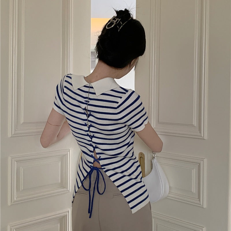 【tops】ストライプ柄ニットTシャツG22058