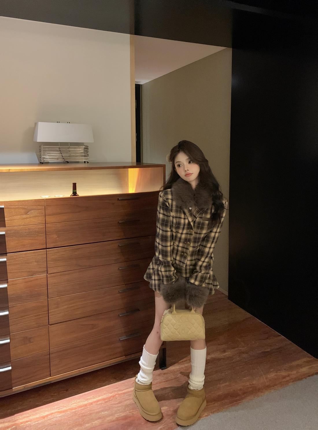 【set】ファーコート+キュロットスカート２点セットF8282