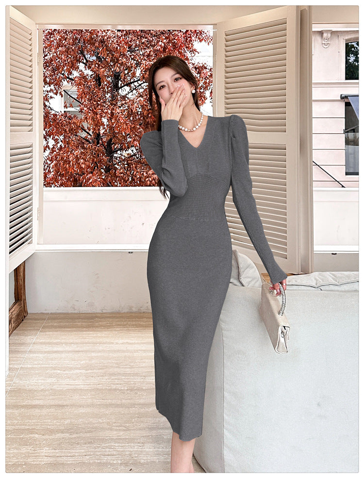 【dress】Vネック長袖ニットワンピースG23290