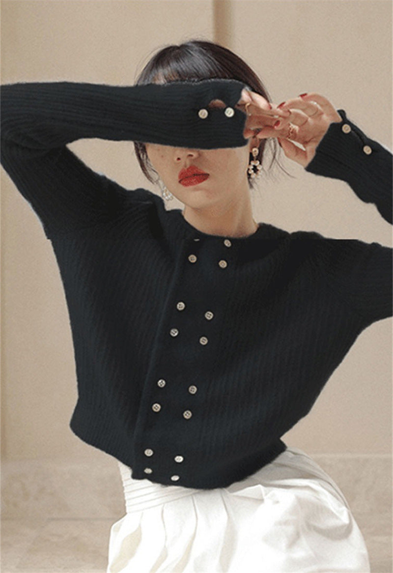 【outer】ラウンドネック長袖ニットカーディガンF8367