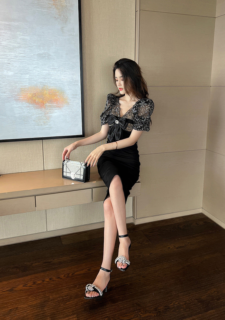 【dress】リボンレース切り替えタイトワンピースG21683