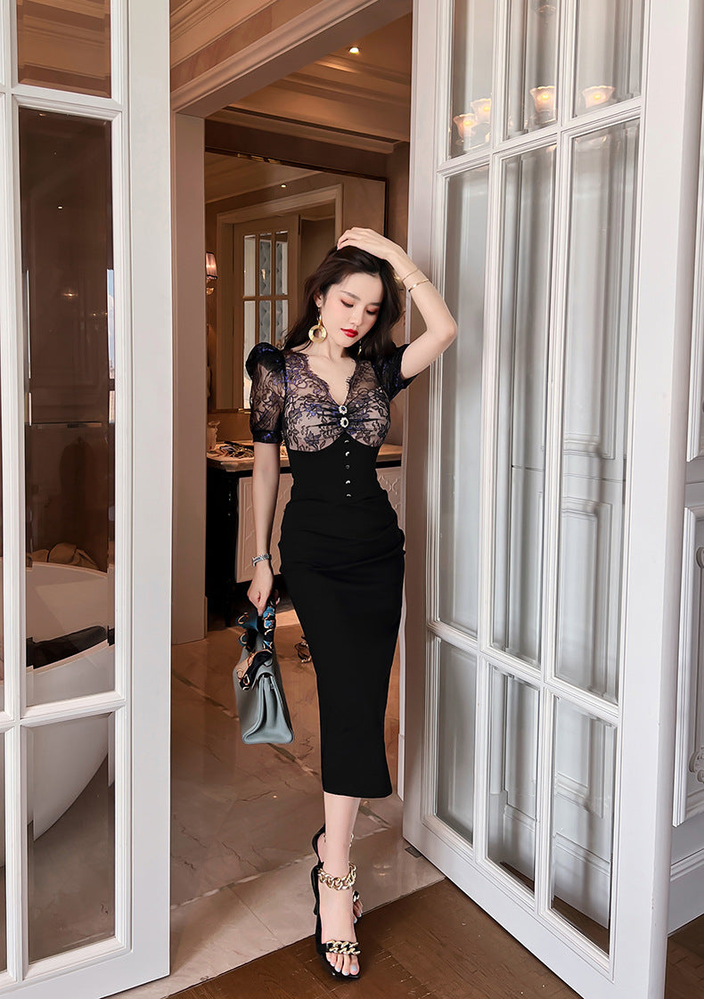 【dress】パフスリーブレース切り替えワンピースG21678