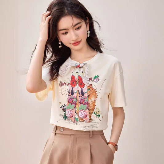 【tops】ラウンドネックプリントTシャツG21958