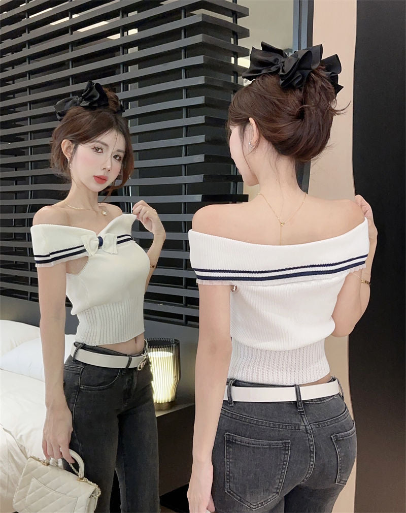 【tops】オフショルダーリボンニットトップスG22055