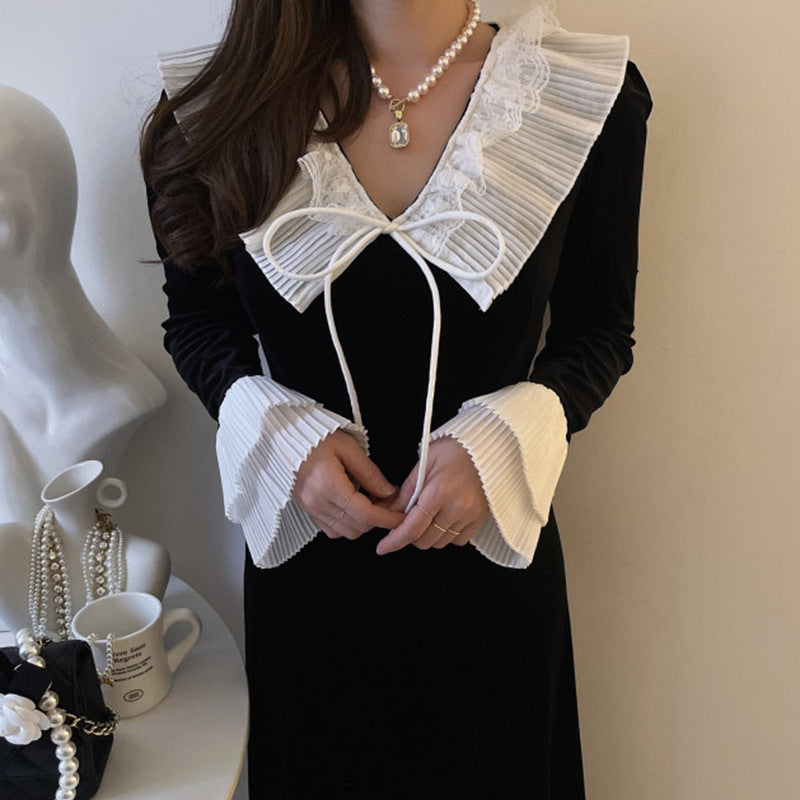 【dress】折り襟ギャザー長袖ワンピースG23870