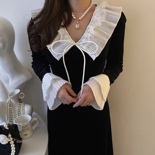 【dress】折り襟ギャザー長袖ワンピースG23870