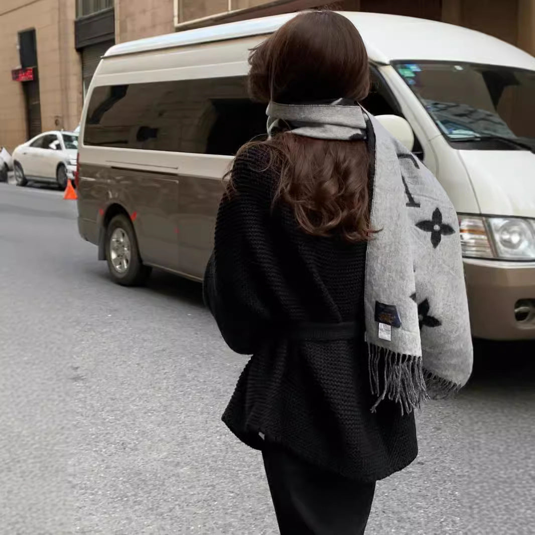 【outer】ウエストリボン長袖ニットカーディガンF8349