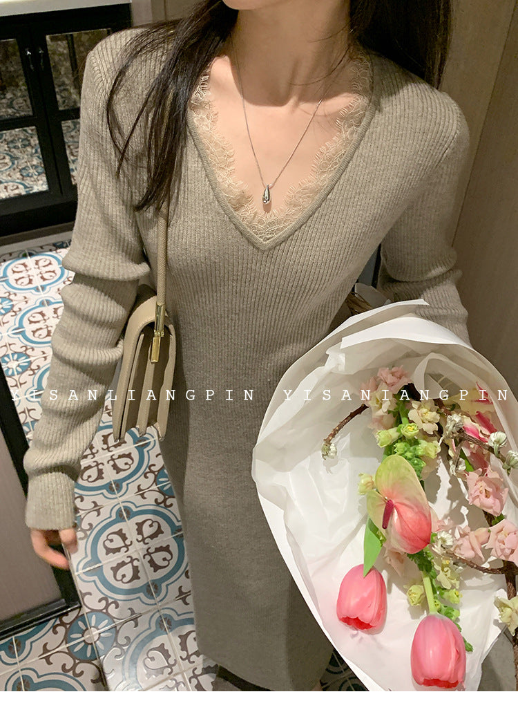 【dress】レースVネックニットワンピースG24194