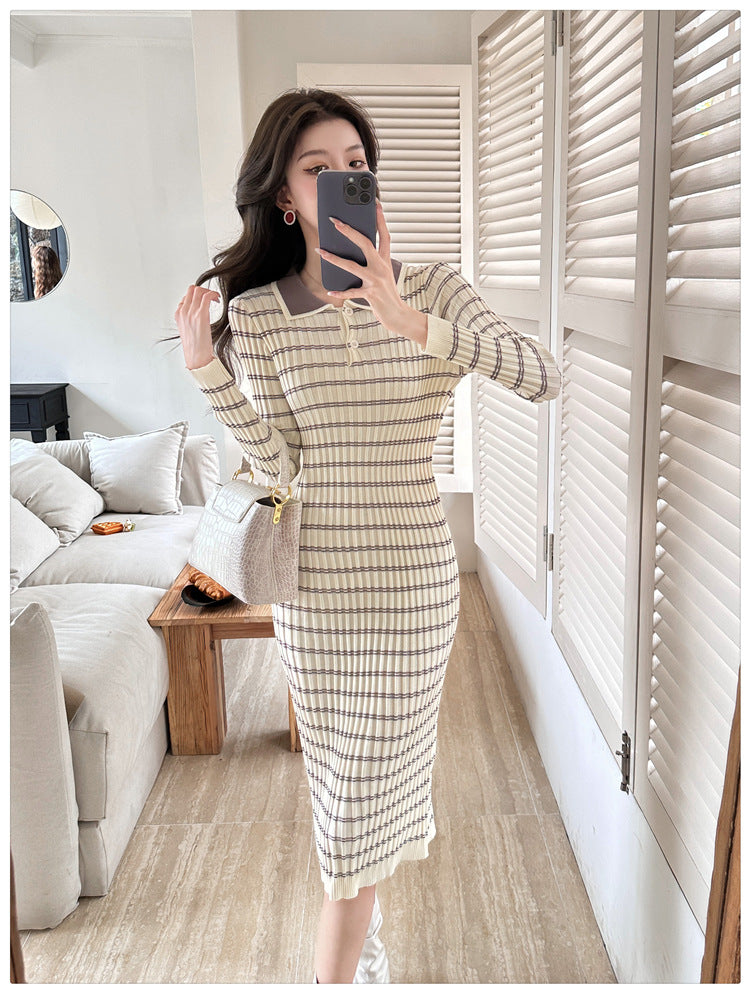 【dress】POLOネック長袖タイトニットワンピースG23291