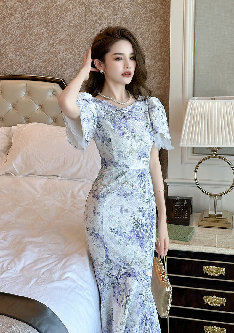 【dress】パフスリーブプリントマーメイドデートワンピースG21682