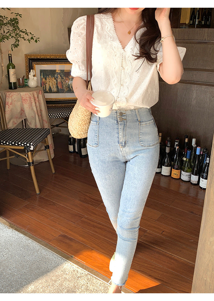 【tops】VネックレースパフスリーブブラウスG21932