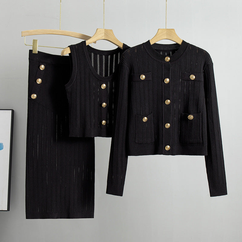 【set】長袖カーディガン＋タンクトップ+スカートニット3点セットF7951