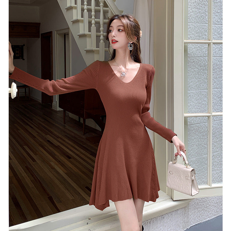 【dress】Vネック長袖ニットワンピースG23289